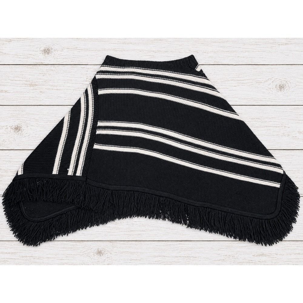 Clothing Company by Notations Poncho Striped Fringe Knit Black White OSFM 4578